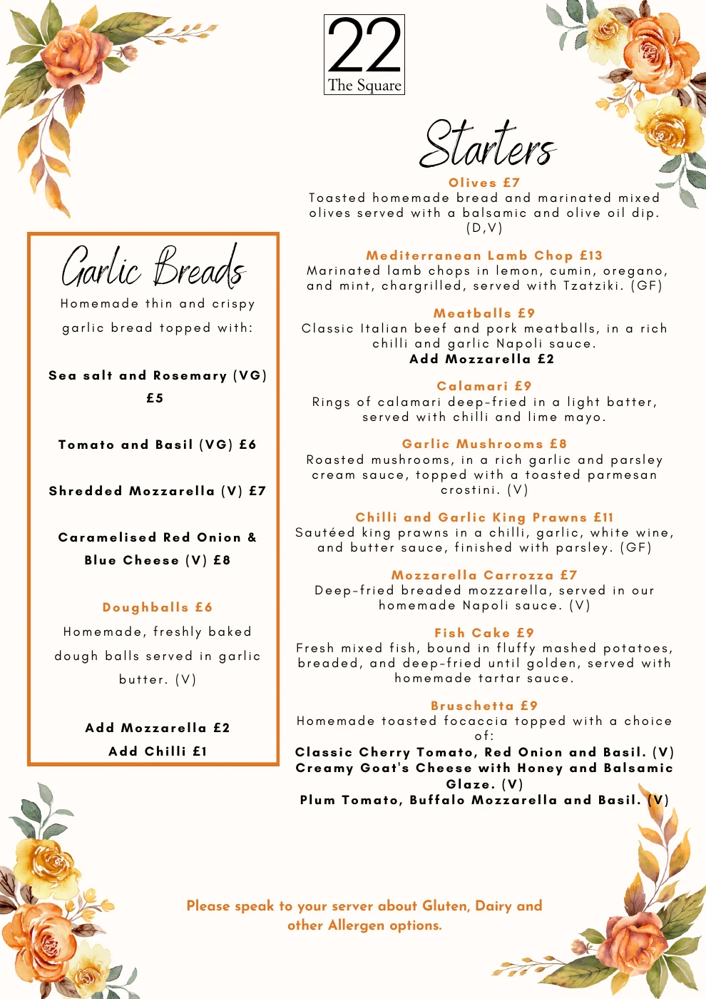 2026 menu: Garlic breads and starters. Open full-size image.