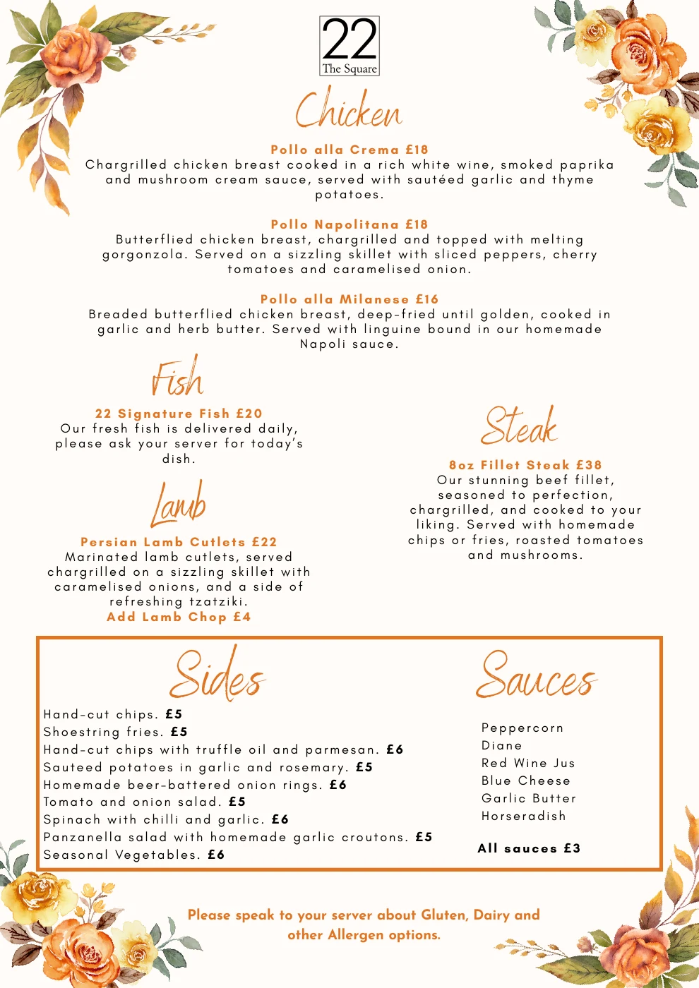 2026 menu: Chicken, fish, lamb, steak, sides and sauces. Open full-size image.